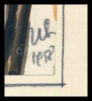 Ujváry Lajos (1925-2006): Presszóban, 1958. Akvarell, tus, papír, jelzett. 14x13 cm