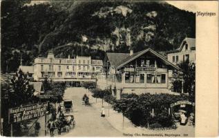 Meiringen, Meyringen; Hauptstrasse ins Dorf und zur Aareschlucht. á la Gorge de lAar, Hotel Banhof / hotel, street, gorge