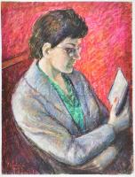 Ujváry Lajos (1925-2006): Olvasó hölgy portréja. Olajpasztell, karton, jelzett, jobb alsó sarkában sérült. 67x48,5 cm