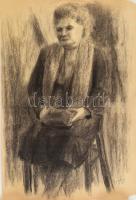 Ujváry Lajos (1925-2006): Ülő hölgy portréja. Szén, papír, jelzett, lap széle sérült. Feltekerve. 61x42 cm