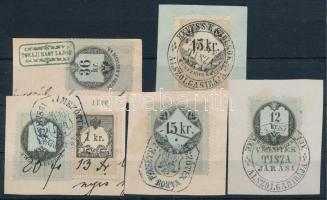 1868 6 db régi okmánybélyeg 5 kivágáson, különleges bélyegzésekkel!