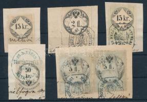 1868 6 db régi okmánybélyeg 5 kivágáson, különleges bélyegzésekkel!