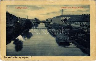 1911 Temesvár, Timisoara; Józsefváros, Béga részlet, Dohánygyár, híd / Bega riverside, tobacco factory, bridge (EB)