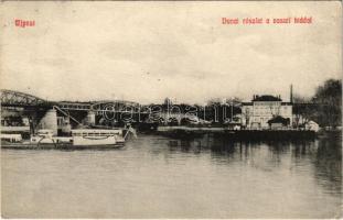 1910 Budapest IV. Újpest, Dunai részlet a vasúti híddal, gőzhajó. Selley Károly kiadása 7. sz. (EK)
