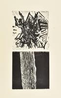 Somlai Vilma (1938-2007): Vers II. Linómetszet, papír, jelzett, próbanyomat, a hátoldalán a művész pecsétjével, lap sarkaiban paszpartuzás nyomaival, 41,5×20 cm