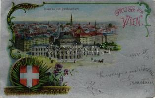 1901 Wien, Vienna, Bécs; Panorama vom Rathausthurm / town hall, general view, coat of arms, Art Nouveau, floral, silver postcard litho