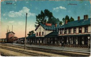 Zsolna, Sillein, Zilina; pályaudvar, vasútállomás. Vasúti levelezőlapárusítás / railway station (ragasztónyom / glue marks)