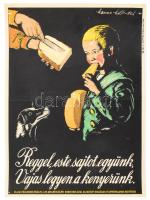 Cca. 1920-30. Manno Militades (1880-1935) terve alapján készült plakát. Reggel, este sajtot együnk, Vajas legyen a kenyerünk. M. Kir. Földmivelésügyi és M. Kir Népjóléti minister által alakított Országos Tejpropaganda Bizottság Középen egy vízszintes hajtásnyom, sarkain rajzszeg nyom, bal felső sarkában, kisebb sérülés. Nyomaton jelzett. 24x17,5 cm