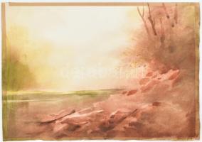 Hankó Béla (1927-1993): Balatoni ősz. Akvarell, papír, jelzett a hátoldalán nyomtatottan. Lap szélén paszpartuzás nyomaival. 37×51 cm