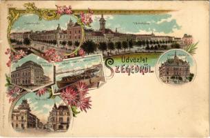 Szeged, Széchenyi tér, Híd utca, városháza, MÁV palota, Városi színház, Közúti vashíd és rakpart. Art Nouveau, floral, litho