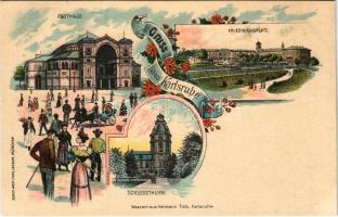 Karlsruhe, Festhalle, Friedrichsplatz, Schlossthurm. Waarenhaus Hermann Tietz / fest hall, square, castle tower. Art Nouveau, floral, litho