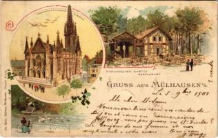 1901 Mulhouse, Mülhausen; Protestantische Kirche, Teich, Zoologischer Garten Restaurant. Ch. Bahy / church, lake, zoological garden restaurant. Art Nouveau, floral, litho (EK)