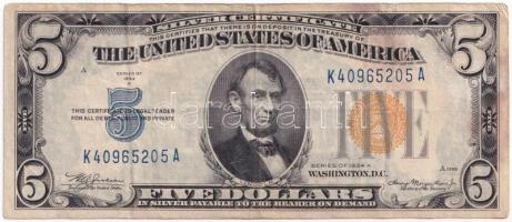 Amerikai Egyesült Államok 1934-1945. (1934A) 5$ "K40965205A" "Silver Certificate - kisméretű sárga pecsét, Észak-Afrikai katonai kiadás" "William Alexander Julian - Henry Morgenthau Jr." T:F,VG USA 1934-1945. (1934A) 5 Dollars "K40965205A" "Silver Certificate - Small size - yellow seal, North African Military Issue, "William Alexander Julian - Henry Morgenthau Jr." C:F,VG Krause P#414AY