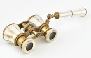 Gyögyház berakásos színházi távcső, jó állapotban, működik. Fogója végén kis hiány. 10x7 cm