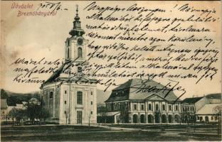 1905 Breznóbánya, Brezno nad Hronom; Római katolikus templom és városháza / church and town hall + ZÓLYOM-BRÉZÓ-ZÓLYOM 97. SZ. vasúti mozgóposta