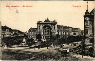 1911 Budapest VII. Keleti pályaudvar, vasútállomás, Baross szobor, villamos, Takács Ferenc üzlete. Divald Károly műintézete 1729-1909.