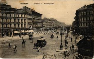 1911 Budapest VI. Andrássy út, Oktogon, omnibuszok reklámokkal, Menton kávéház (Rb)