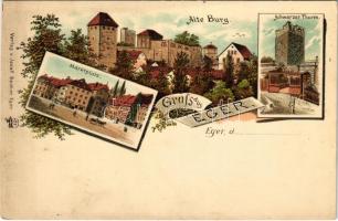 Cheb, Eger; Alte Burg, Marktplatz, Schwarzer Thurm /castle, tower, Art Nouveau, floral, litho