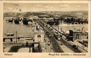 1941 Budapest, Margit híd, villamos, háttérben a Rózsadomb (fa)