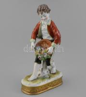 Volkstedt porcelán virágárus fiú, kézzel festett, jelzett, apró kopásnyomokkal, restaurált m: 17 cm