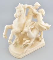 Szerelmes pár szarvason és lovon, fehér mázas fajansz, restaurált, m. 35 cm, h: 38 cm