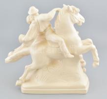 Szerelmes pár szarvason és lovon, fehér mázas fajansz, restaurált, m. 35 cm, h: 38 cm