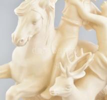 Szerelmes pár szarvason és lovon, fehér mázas fajansz, restaurált, m. 35 cm, h: 38 cm