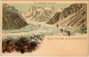 La Mer de Glace, Souvenir de Chamonic / Téli sport, hegymászók / Winter sport, mountain climbing. Müller & Trüb No. 247. Art Nouveau, floral, litho (EK)