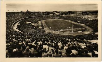 Budapest XIV. Népstadion, labdarúgó mérkőzés, foci. Képzőművészeti Alap kiadóvállalat + "Osztrák-Magyar 100. labdarúgó mérkőzés 1955. X. 16." So. Stpl.