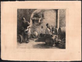 P. Verhaert: Borozgató, 1880 körül. Rézkarc, papír, jelzett a metszeten. Kissé foltos. 20x24,5 cm