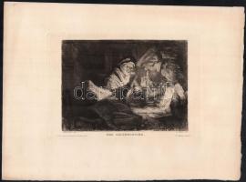 Rembrandt festménye után, William (Wilhelm) Unger (1837-1932) metszése: Pénzváltó, 1880 körül. Rézkarc, papír, jelzett a metszeten. 16x23 cm