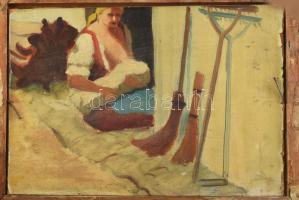 Baráth jelzéssel: Havas utca. Olaj, karton, fa keretben. Kétoldalas mű, hátoldalán szoptató anya váz...