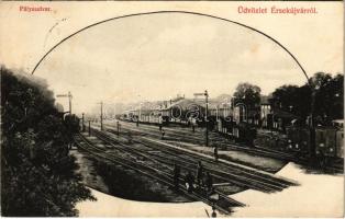 1908 Érsekújvár, Nové Zámky; pályaudvar, vasútállmás, vonatok. Conlegner J. és fia kiadása / railway station, trains (EK)