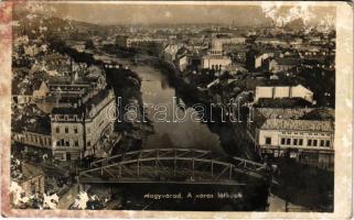 1942 Nagyvárad, Oradea; Malul Crisului / Körös-parti rész, híd, zsinagóga, Havas és Grünfeld, Desideriu Friedmann üzlete, étterem és söröző / Cris riverside, bridge, synagogue, shops, restaurant and beer hall, inn (felszíni sérülés / surface damage)