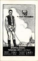 Marosvásárhely, Targu Mures; Magyar, német és román (oláh) nemzetiségek népesség aránya. Címer, Pátria rt. kiadása / Percentage of Hungarian, German and Romanian population. Irredenta art postcad with coat of arms s: Pólya Tibor