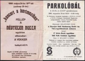 1980-1986 2 db koncert röplap / kisplakát: Skála-Coop Parkolóbál, V Moto-Rock - 100 Folk Celsius + Koncert a kertmoziban, Névtelen Nulla. Középen hajtva, 21x15 cm