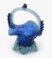 Muranoi kék üveg kosár, üvegszál díszítéssel Hibátlan 20 cm