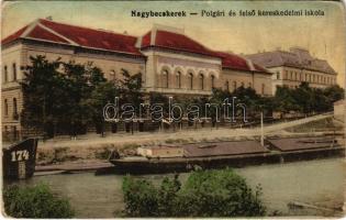 1917 Nagybecskerek, Zrenjanin, Veliki Beckerek; Polgári és felső kereskedelmi iskola, uszályok / schools, barge (EK)