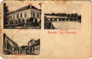 1906 Szered, Vág-Szered, Vágszered, Sered; Uradalmi kastély, Szappanos utca, Vág híd / castle, street, Váh bridge (szakadások / tears)