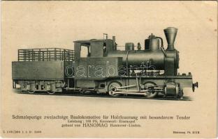 Schmalspurige zweiachsige Baulokomotive für Holzfeuerung mit Besonderem Tender, gebaut von Hanomag / locomotive