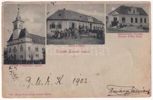 1902 Türkös (Brassó mellett), Turches (Négyfalu, Sacele); Ágostai evangélikus egyház temploma, Községháza, este, Reichenberg Hermán Krauss Rubin fiók üzlete és saját kiadása / church, town hall, shop, night (EK)