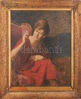 Glatter Ármin (1861-1931): Cigarettázó hölgy piros ruhában. Olaj, vászon, jelezve jobbra lent (halványan). Dekoratív, korabeli, kissé sérült fakeretben, 65,5×54 cm / Oil on canvas. Signed. Framed. 65,5x54 cm