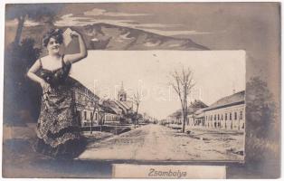 Zsombolya, Hatzfeld, Jimbolia; Fő utca. Szecessziós montázs, hölgy / main street. Art Nouveau montage with lady (Rb)