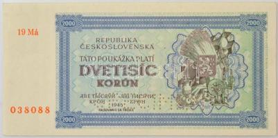 Csehszlovákia 1945. 2000K SPECIMEN perforációval, 19 Má 038088 T:XF / Czechoslovakia 1945. 2000 Korun with SPECIMEN perforation, 19 Má 038088 C:XF  Krause 50A.s