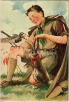 1943 Cserkész nyúllal és madárral, Kiadja a Márton L.-féle Cserkészlevelezőlapok Kiadóhivatala / Hungarian boy scout art postcard s: Márton L. (Rb)