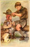 A cserkész másokkal szemben gyengéd. A Magyar Cserkészszövetség kiadása / Hungarian boy scout art postcard s: Márton L. (EK)