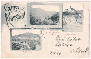 1899 (Vorläufer) Brassó, Kronstadt, Brasov; Postarét, Fellegvár, Mártonhegyi szász evangélikus templom / Postwiese, Schlossberg, Martinskirche / Livadia postei, Cetatea, church. H. Zeidner Art Nouveau, floral (vágott / cut)