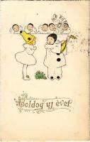 1922 Boldog új évet. dombornyomott arany diszítéssel / New Year greeting with musicians Emb. golden decoration