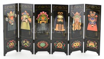 Kínai lakk paraván, pekingi operaénekes maszkokkal díszítve, feliratozva, 48x24 cm