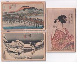 3 db MODERN japán fa művész képeslap leírással külön lapon + 4 modern város képeslap / 3 modern Japanese wooden art postcards + 4 town-view postcards